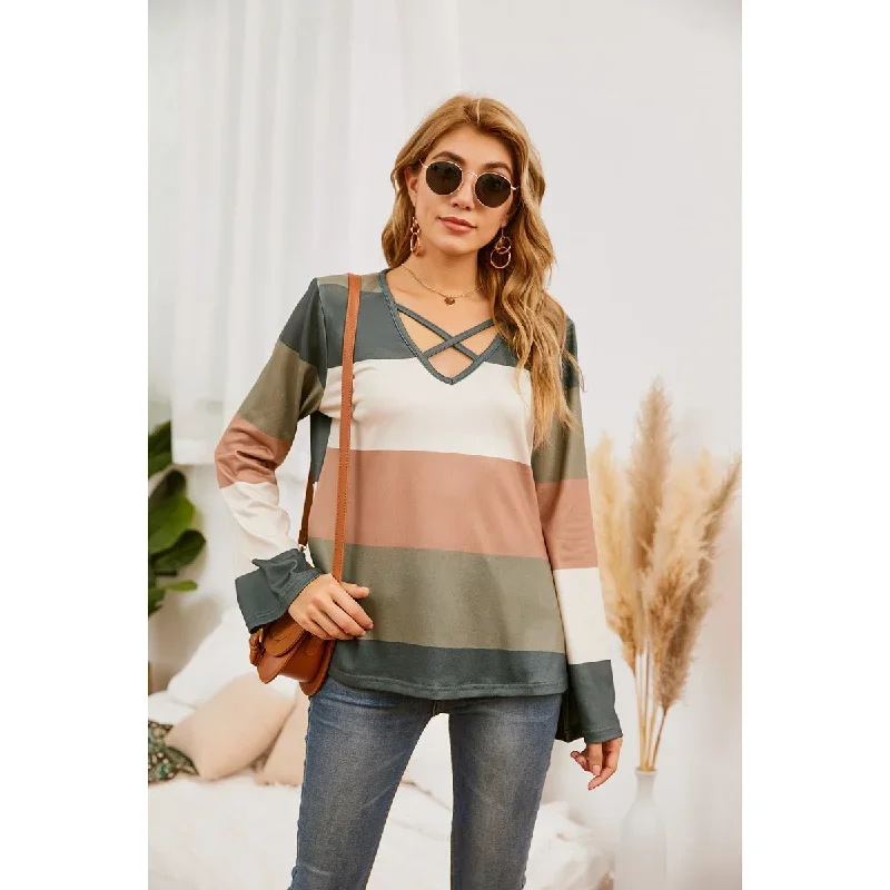 2022-juliafashion-spring-women-t-shirts-long-sleeve-flare-contrast-color-plaid-lace-up-bandage-female-blouse-round-neck-tee-woman-top-c2528