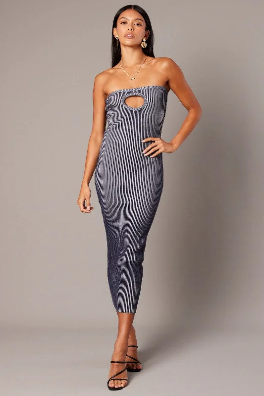 Street-style-iconBlue Knit Dress Key Hole Front Bandeau Midi
