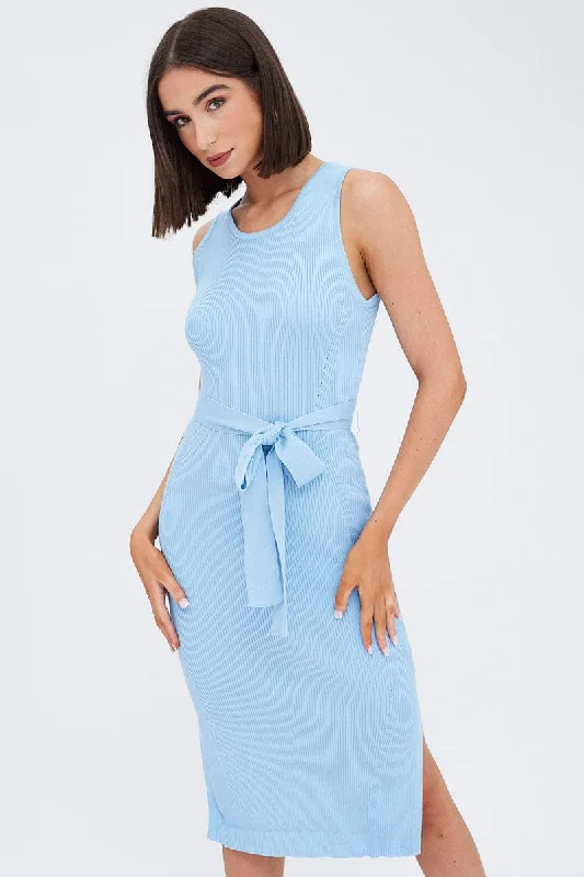 Elegant-neutralBlue Knit Dress Sleeveless Round Neck Belted Midi
