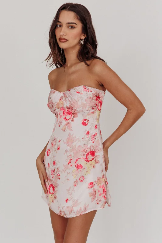 VogueSian Strapless Sweetheart Mini Dress Floral Pink