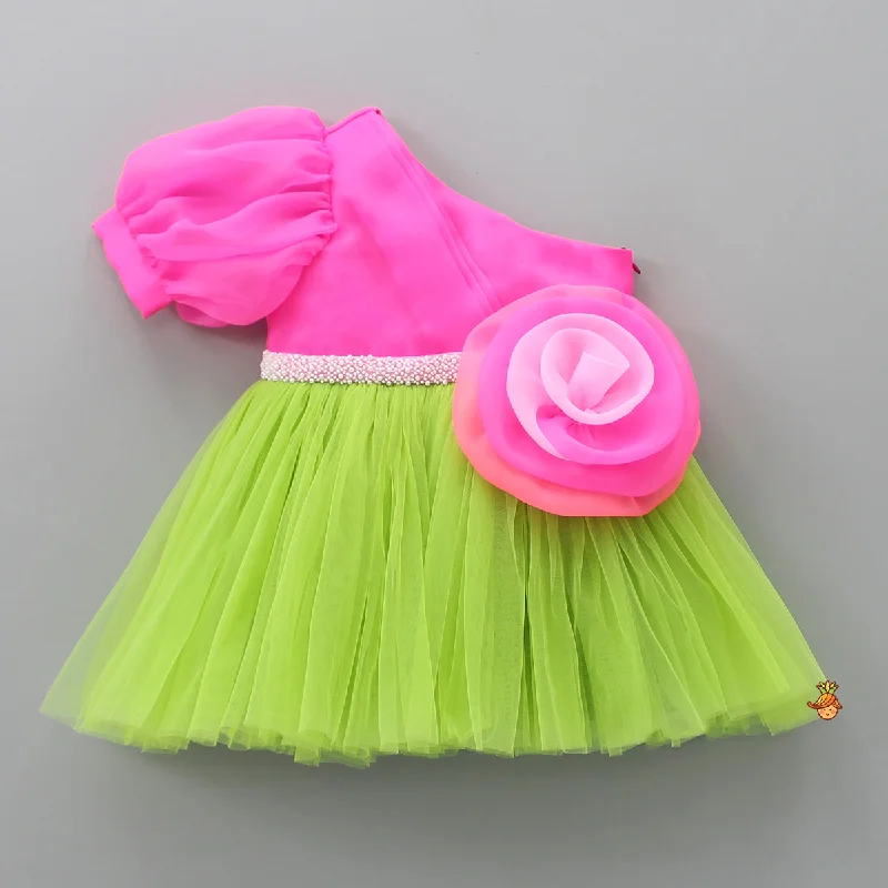 Utility-glamPre Order: One Shoulder Swirled Flower Enhanced Flared Pink And Green Dress