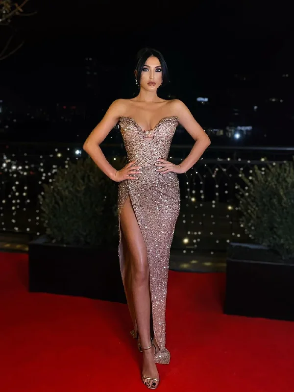 IconicSweetheart Long Fitted Sequin Prom Dresses, High Slit Prom Dresses gh2431