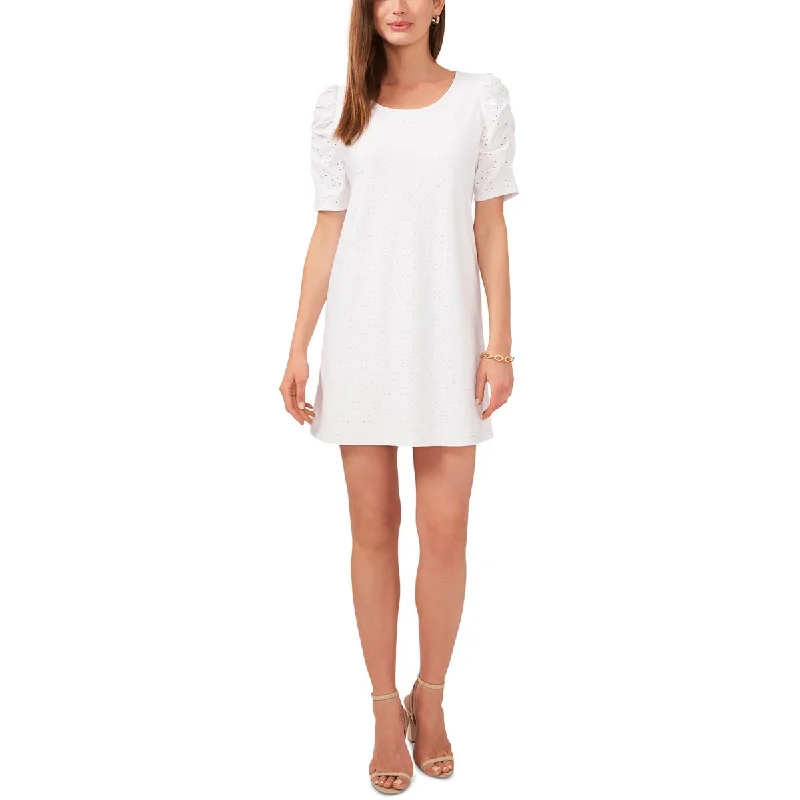 Sultry-chicMSK Womens Petites Eyelet Puff Sleeves Shift Dress