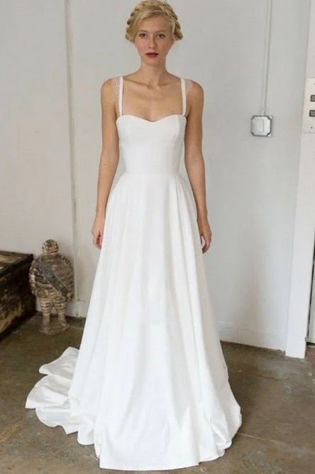 Minimal-chicA-Line Spaghetti Straps Sweep Train Satin Simple Wedding Dress OKR74