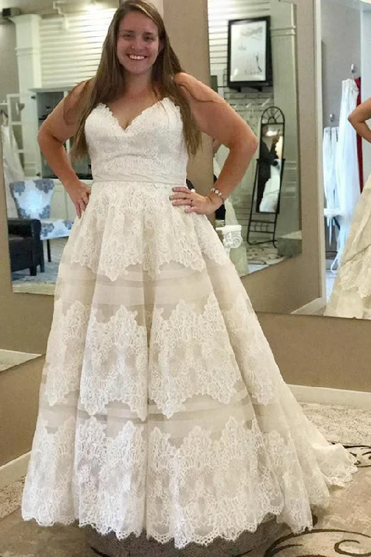 Tastefully-boldIvory A-Line Spaghetti Straps Plus Size Wedding Dresses with Lace Appliques OKF94 Tastefully-boldIvory A-Line Spaghetti Straps Plus Size Wedding Dresses with Lace Appliques OKF94