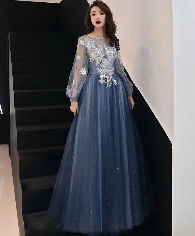 Blue Round Neck Tulle Lace Long Prom Dress Blue Formal Dress