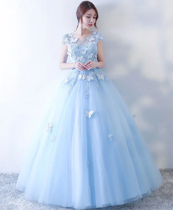 Blue Tulle Lace Long Prom Dress, Blue Sweet 16 Dress