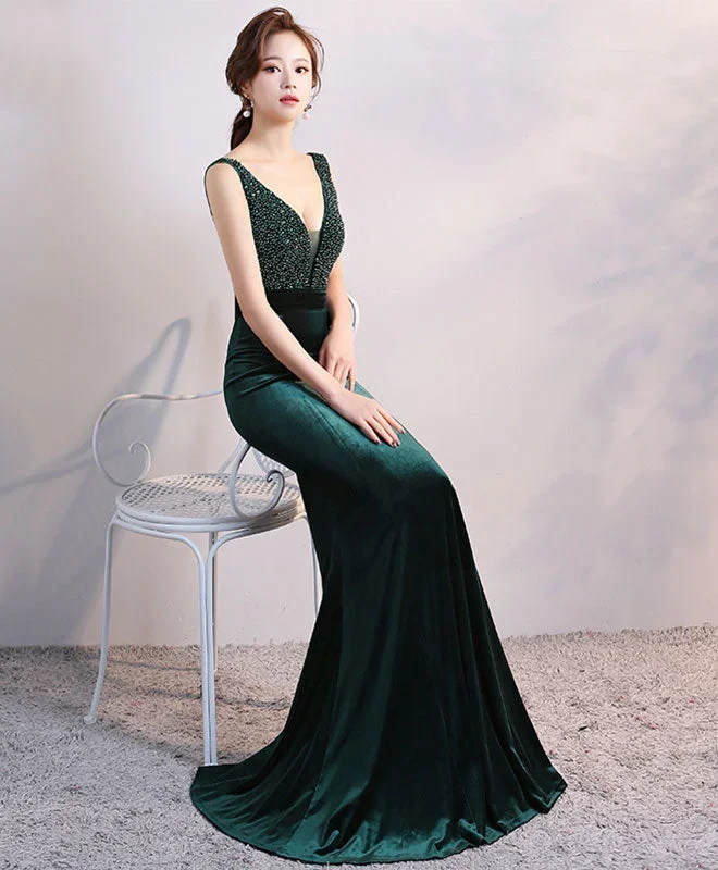 Green V Neck Velvet Long Prom Dress, Mermaid Evening Dress