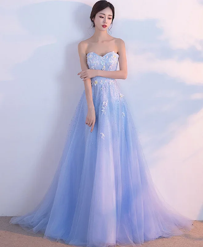 Light Blue Sweetheart Neck Long Prom Dress, Lace Formal Dress