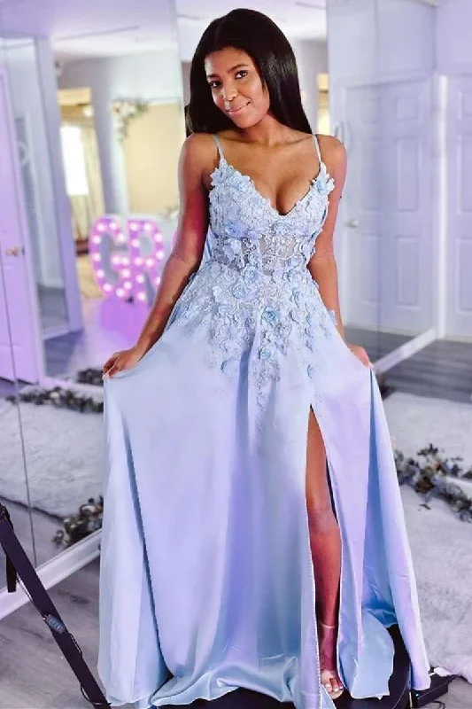 Light Blue V-Neck Backless A-Line Prom Dress with 3D Flowers