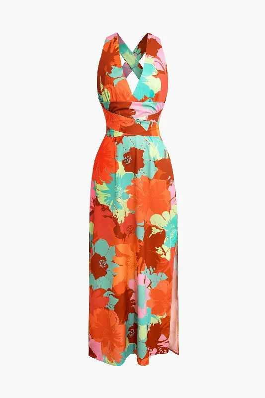 Floral Print Cross Back V-Neck Midi Dress