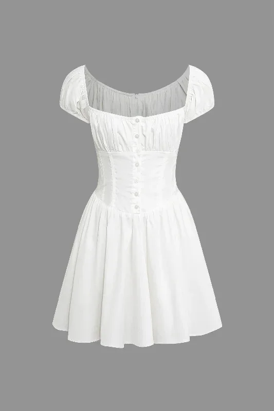 Button Front Ruched Square Neck Mini Dress