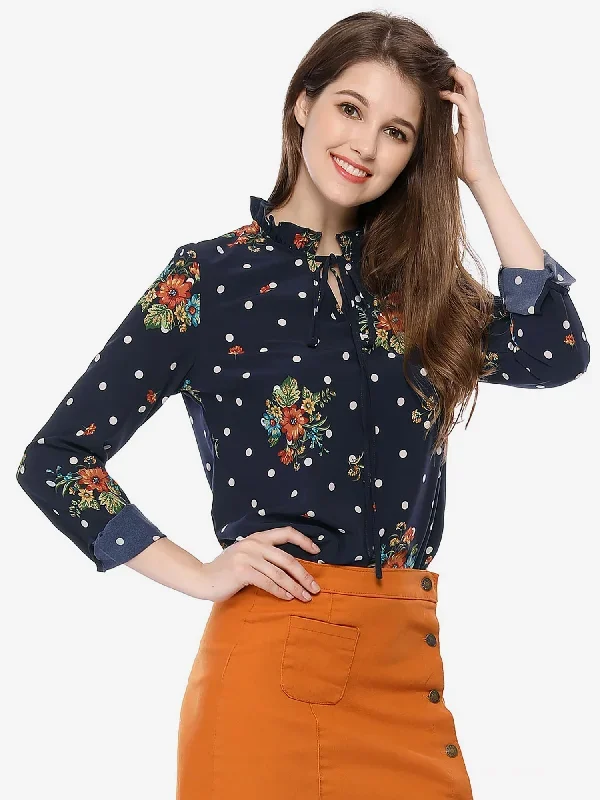 Ruffled Tie Neck Long Sleeve Floral Polka Dots Blouse Tops