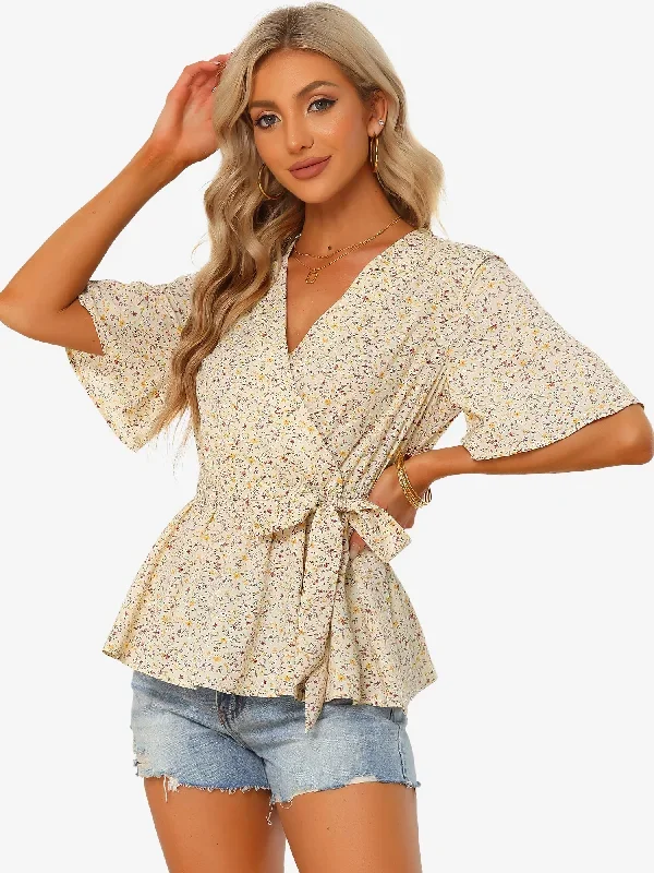 Floral Blouse V Neck Tie Waist Faux Wrap Peplum Top