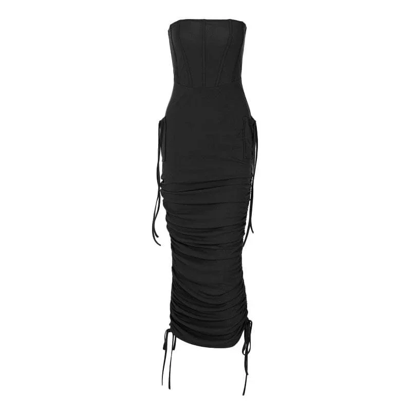 ruched-backless-solid-drawstring-tube-midi-dress ruched-backless-solid-drawstring-tube-midi-dress