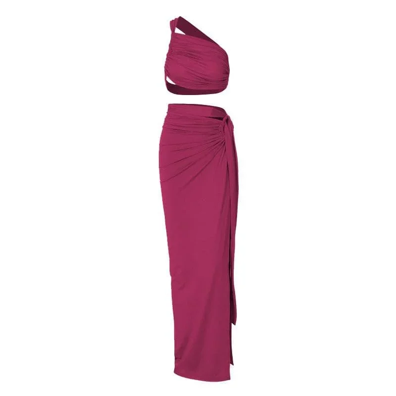 ruched-solid-one-shoulder-irregular-self-tie-maxi-skirt-set ruched-solid-one-shoulder-irregular-self-tie-maxi-skirt-set
