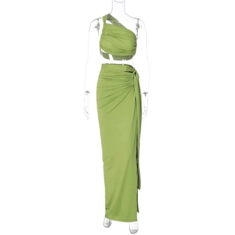 ruched-solid-one-shoulder-irregular-self-tie-maxi-skirt-set ruched-solid-one-shoulder-irregular-self-tie-maxi-skirt-set