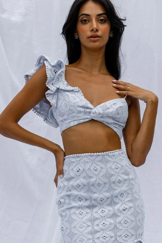 Talk About Me Ruffle Shoulder Twist Bust Crop Top Steel Blue